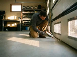 Huiseigenaar dicht kieren in garage af met kitpistool, stalen gaas over ventilatie-openingen zichtbaar op muren