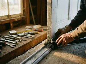 Verweerde handen installeren zwarte rubberen afdichtingsborstel onder witte garagedeur op betonnen vloer