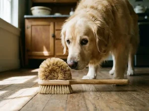 Gouden retriever snuffelt nieuwsgierig aan grote schoonmaakborstel op keukenvloer met houten kasten op achtergrond