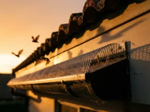 Dakgoot met beschermend gaas tegen vleermuizen, vleermuizen vliegen weg bij zonsondergang, detail van metalen barrier