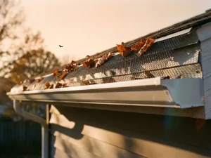 Witte dakgoot met zwarte gaas voor vleermuizen en bladbescherming, herfstbladeren geblokkeerd op het filter