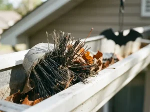 Gootborstel met donkere vezels in witte dakgoot, herfstbladeren tussen borstelharen, close-up macro fotografie
