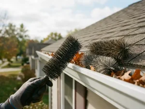 Professionele hand houdt gutterborstel vast in witte aluminium dakgoot, verschillende borstellengtes getoond