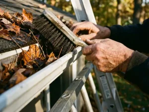 Verweerde handen houden gootreiniging borstel tegen witte dakgoot vol herfstbladeren, ladder zichtbaar
