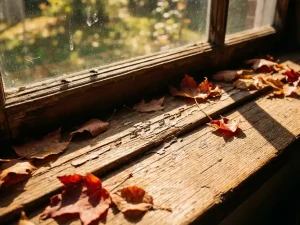 Mieren marcheren over verweerde houten vensterbank met herfstbladeren, vliegen op glas, warme ochtendzon creëert schaduwen