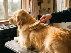 Professionele hondentoiletjuffrouw borstelt zachtjes langharige Golden Retriever op toilettafel bij natuurlijk licht