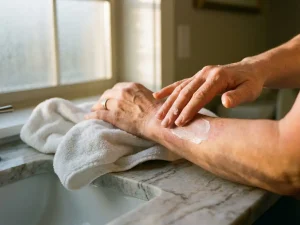 Handen brengen voorzichtig vochtinbrengende crème aan op licht geïrriteerde huid van arm in warme badkamerverlichting