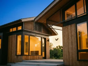 Modern huis bij schemering met beschermende gaas tegen vleermuizen, warme raamverlichting tegen donkerblauwe lucht