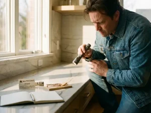 Huiseigenaar onderzoekt muizenval in moderne keuken met zaklamp, visitekaartje ongediertebestrijder op aanrecht