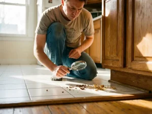 Huiseigenaar onderzoekt ongedierteuitwerpselen op keukenvloer met vergrootglas bij houten kastvoet