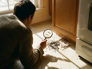 Huiseigenaar onderzoekt ongedierteuitwerpselen en kauwschade op keukenvloer met vergrootglas bij natuurlijk licht
