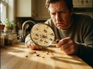 Bezorgde huiseigenaar onderzoekt keukenwerkblad met vergrootglas en ontdekt kleine insecten tussen kruimels