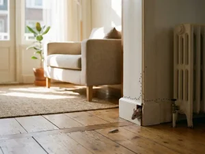 Huishoek met muis bij plint, mieren langs muur en zilvervisje op houten vloer in zonlicht