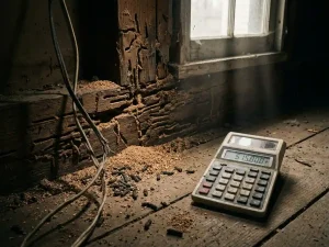 Beschadigde houten huisfundering met termietentunnels, houtrot en calculator met hoge reparatiekosten op verweerde vloer