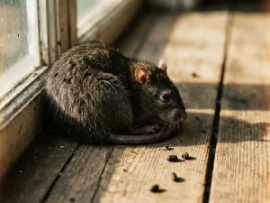 Huisrat op verweerde houten vloer met vlooien in vacht en uitwerpselen, dramatische zijbelichting benadrukt textuur