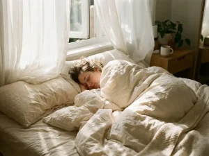 Persoon slaapt vredig op zacht katoenen beddengoed in slaapkamer met natuurlijk ochtendlicht door gordijnen