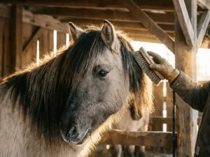 Persoon poetst dikke manen van IJslands paard met speciale borstel in rustieke stal tijdens gouden uur