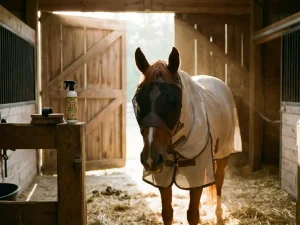 Kastanjebruin paard met vliegenmasker en zomerdeken staat rustig in zonnige stal met hooimorgen licht door houten deuren