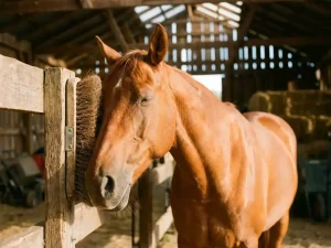 Kastanjebruin paard met gesloten ogen geniet van verzorging met houten borstel in warme stalomgeving