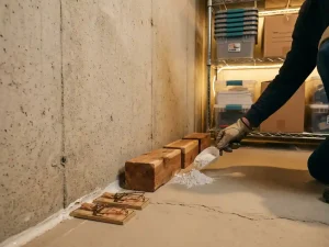 Huiseigenaar plaatst natuurlijke ongediertebestrijding zoals cederhout en diatomeeënaarde langs keldermuur met muizenvallen