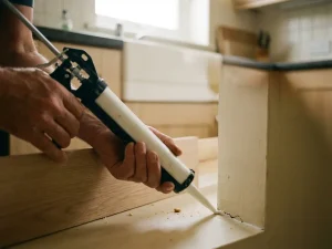 Handen die witte kit aanbrengen rond keukenkastvoet tegen muur om muizengat af te dichten