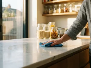 Persoon maakt marmeren aanrecht schoon met microvezeldoek in moderne keuken met natuurlijk licht