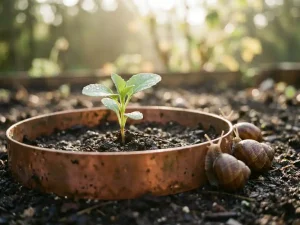 Jonge groene zaailing in donkere aarde, beschermd door koperen ring tegen tuinslakken met dauwdruppels op bladeren