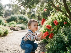 Kind hurkt nieuwsgierig bij rode bottlebrush bloemen in zonnige tuin, handjes voorzichtig uitgestrekt naar plant