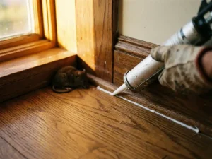 Hand met kitpistool die witte siliconenkit aanbrengt langs houten plint bij hardhouten vloer om kier te dichten