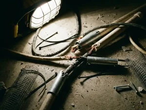 Beschadigde elektrische kabels met knaagsporen van knaagdieren, gedeeltelijk beschermd door metalen buizen op betonvloer