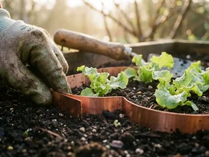 Tuiniers hand plaatst koperen slakkenbarrières rond jonge slaplantjes in donkere aarde met dauwdruppels