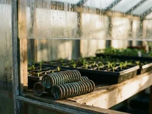 Verweerde koperen slakkenborstels in kas met condensdruppels op glas, zaailingbakjes op achtergrond in ochtendlicht
