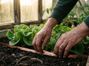 Tuinierhandenhanden plaatsen koperen strips rond slabladeren als slakkenafweer in kas met ochtendlicht