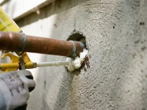Professionele schuimisolatie wordt aangebracht rond koperen waterpijp door betonnen muur om mieren te weren
