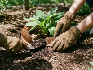 Tuinman plaatst koperen slakkenafweer borstels rond groene plant met donkere mulch in zonnige tuinborder
