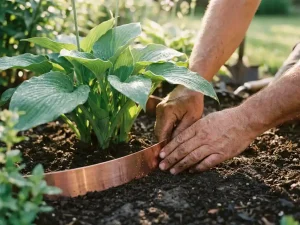 Tuinierhandjes plaatsen koperen slakkenstrip rond basis van grote groene hosta plant in vochtige donkere tuinaarde