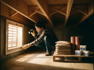 Huiseigenaar inspecteert verzegelde toegangspunten en gaasbarrières in goed onderhouden kruipruimte met professionele materialen