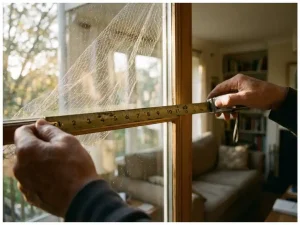 Handen meten raamkozijn met meetlint, vogelnetten geïnstalleerd, zonlicht door glas in woonkamer