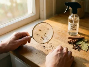 Huiseigenaar onderzoekt mierensporen op houten aanrecht met vergrootglas, natuurlijke afweermiddelen zoals kaneel ernaast