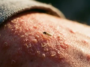 Kleine mug op geïrriteerde huid met eczeem, close-up macro fotografie met scherpe focus op het insect