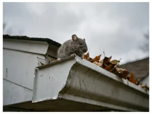 Kleine grijze muis op witte dakgoot van woonhuis, met herfstbladeren en bewolkte lucht op achtergrond