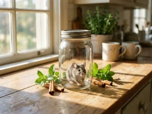 Grijze muis gevangen in glazen pot op houten aanrecht met natuurlijke afweermiddelen zoals munt en kaneel