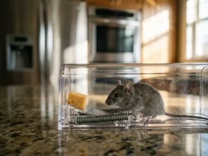 Grijze muis gevangen in transparante humane val met kaas op keukenblad, roestvrijstalen apparaten op achtergrond