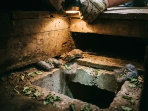 Bruine muis rent door kruipruimte-ingang met houten balken, staalwol en munt als natuurlijke afweermiddelen zichtbaar