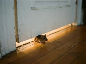 Kleine bruine huismuis kruipt door smalle spleet onder witte houten deur, snorharen en pootjes zichtbaar op hardhouten vloer