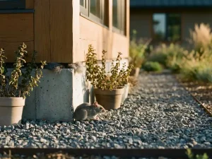 Kleine grijze muis nadert huisfundament met natuurlijke afweermiddelen zoals pepermuntplanten en staalwol in kieren