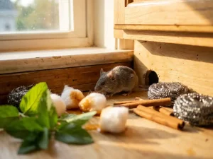 Grijze muis nadert keukenblad met natuurlijke afweermiddelen zoals pepermunt, kaneel en staalwol bij gat in plint
