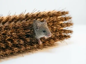 Kleine grijze muis navigeert door bruine borstelharen van schoonmaakborstel, macrofotografie met natuurlijke belichting