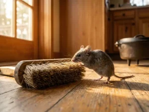 Grijze muis onderzoekt grote natuurlijke borstel op houten keukenvloer in warm ochtendlicht