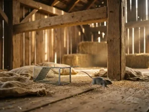 Grijze muis rent weg van humane val in rustieke houten schuur met hooibalen en zonlicht door kieren
